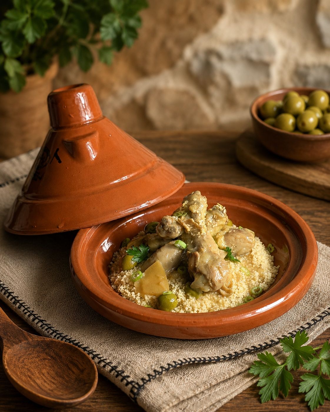 Tajine de poulet fermier aux olives et citrons confits